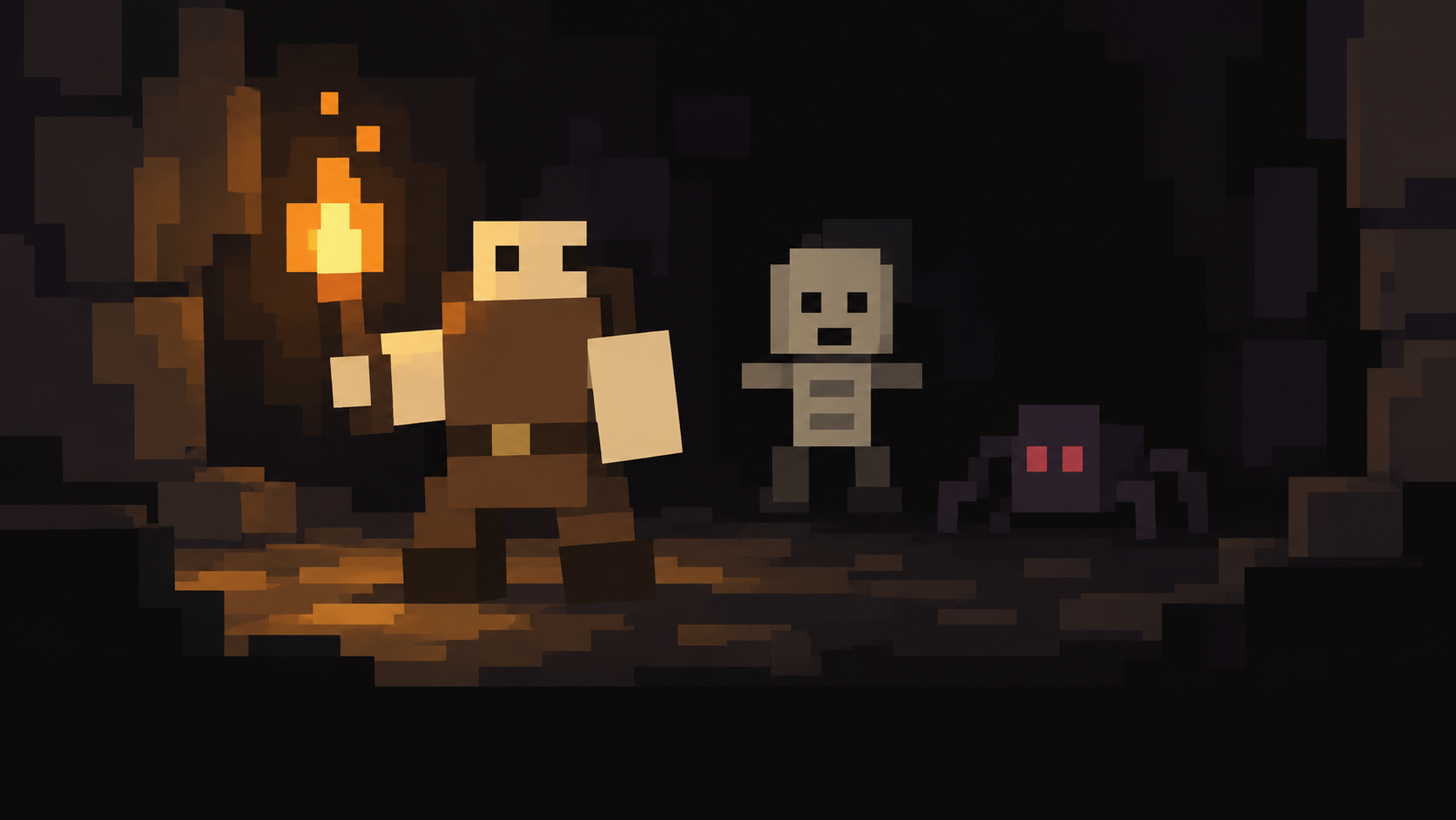 An adventurer holds a torch in a dark dungeon, with a skeleton and spider behind him.